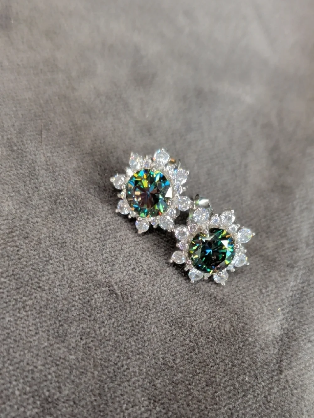 Mystic Green Halo Moissanite Flower Stud Earrings - WG Plated